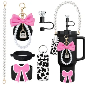 Stanley tumbler accessory set pearl strap bow keychain lipstick pouch straw cover