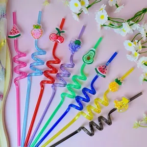 Colorful fruit sequin curly plastic straws reusable funny drink straws for kids party.