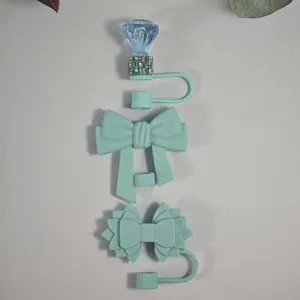 Silicone straw cover set with cute bow and diamond design, dust plug for tumbler cups.