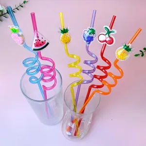 Colorful curly fruit straws with glitter sequins, fun plastic drinking straws for parties.