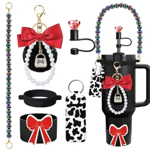 Stanley tumbler accessory set featuring beaded strap bow keychain and lip balm holder