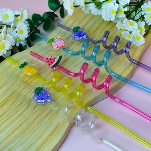 Colorful sequin fruit spiral plastic drinking straws reusable party drinkware for kids.