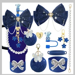 Insulated Tumbler Cup Accessories Set Deep Blue Bow Pearl Chain Pompom Keychain Flower Pendant Silicone Cup Sleeve