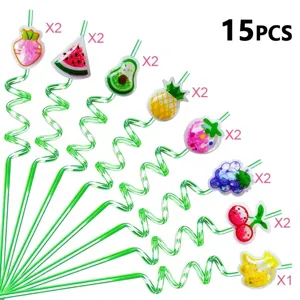 15pcs reusable fruit shaped crazy loop drinking straws with glitter charms for kids party
