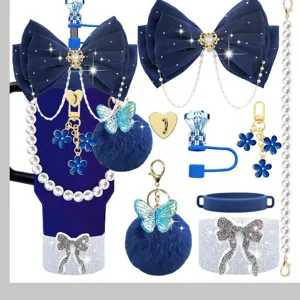 Dark blue tumbler accessories set with bow, pearl chain, cute pom pom and charms for cup decoration.