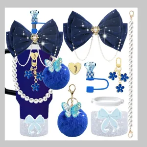 Stanley tumbler accessories set bow pearl chain fuzzy ball flower charm cute cup decorations