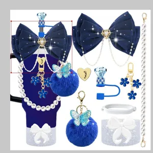 Stanley tumbler accessories set with blue bow pearl chain flower charm pom pom cup strap.