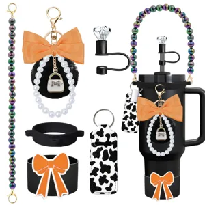 Stanley cup accessory set with pearl beaded strap, bow pom-pom keychain and straw topper
