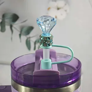 Blue diamond silicone straw cover and dust plug accessory for tumblers cup details.