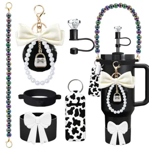 Stanley tumbler accessory set pearl beaded strap bow keychain lipstick holder straw topper
