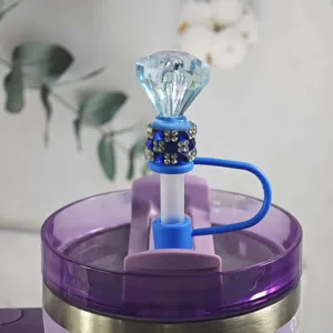Silicone diamond straw cover and dust plug accessory for Stanley tumblers, sparkling crystal design.