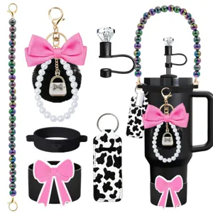 Stanley tumbler accessories kit with pearl strap bow keychain and diamond straw topper