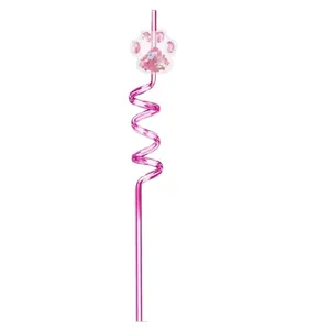 Reusable Pink Cat Paw Spiral Drinking Straw Party Drinkware Sequin Decorative Straw