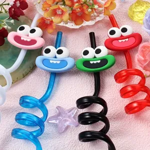 Detailed view of colorful cartoon spiral drinking straws with funny big eye designs for party.