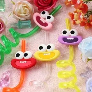 Colorful cartoon googly eyes spiral drinking straws, funny plastic party drinkware items.