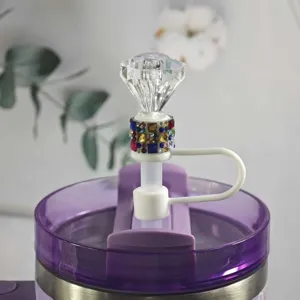 Diamond straw cover topper for tumbler cup, sparkling rhinestones silicone dust plug accessory.
