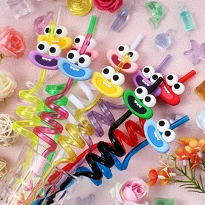 Colorful cartoon curly drinking straws party novelty funny big eyes PETG drinkware set