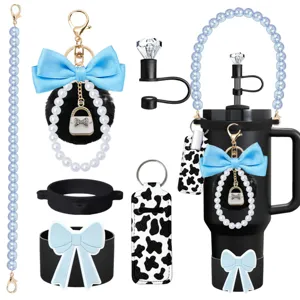 Stanley tumbler accessory set pearl strap bow keychain diamond straw topper cow print lipstick pouch