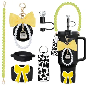Stanley tumbler accessory set pearl strap bow keychain cow print lipstick holder straw topper