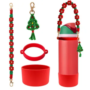 Christmas handmade woven water bottle strap set with silicone boot and tree pendant.