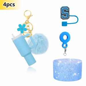 4pcs Mini Tumbler Keychain Pom Pom Flower Charm Letter Straw Cover Glitter Cup Boot Set