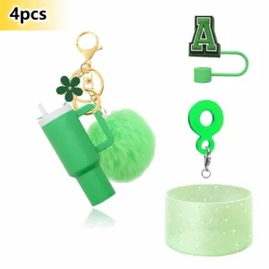 4pcs green mini tumbler keychain pom-pom letter straw cover silicone cup boot set