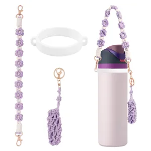 Handmade crochet water bottle strap set with white silicone ring and cute accessories.