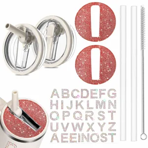 40oz Tumbler DIY Lid Set with Rhinestone Alphabet Letter Stickers Red Bling Cup Accessories