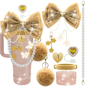 Set accessori per tazza Stanley fiocco decorativo catena di perle pompon copri cannucce