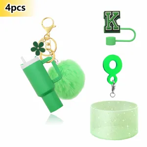 4pcs green mini tumbler keychain set with plush pom pom and letter k straw cover