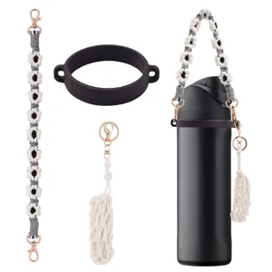 Handmade macrame water bottle strap set with daisy pattern, silicone ring, and lipstick pouch.