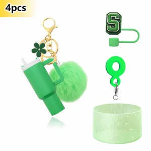 4pcs Green Mini Tumbler Keychain Pom Pom Letter Straw Cap Cover Glitter Silicone Boot Set
