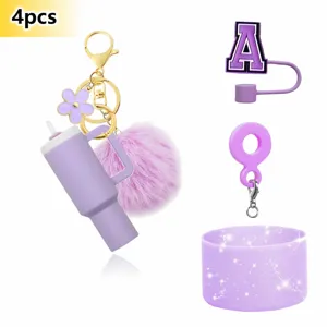 Mini tumbler keychain set with pom pom cute letter straw cover and silicone cup boot 4pcs