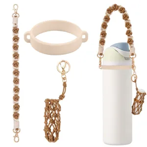 Handmade woven water bottle strap set with silicone ring and lip balm holder for cups.