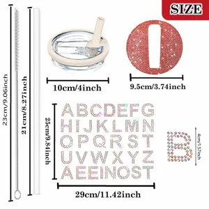 DIY 40oz tumbler rhinestone letter number sticker set with lid straw and cleaning brush.