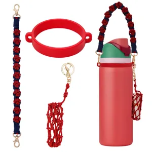 Handmade woven water bottle strap with silicone ring and mini mesh pouch set for cups.