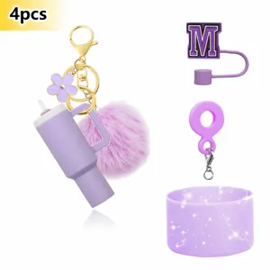 Mini tumbler keychain set with pom pom cute straw cover silicone boot for cup accessories 4pcs