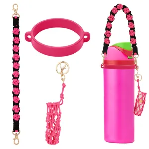 Handmade braided water bottle strap set with cup holder and lipstick net pouch accessories.