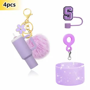 4pcs purple mini tumbler keychain pompom letter straw cover silicone boot accessory set