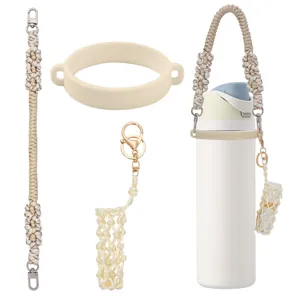 Detailed view of handmade woven water bottle strap, silicone ring, and lipstick pouch accessories.