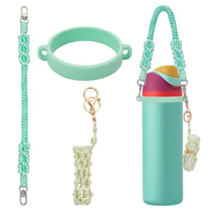 Handmade braided water bottle strap set with silicone ring and cute pouch for cup accessories.