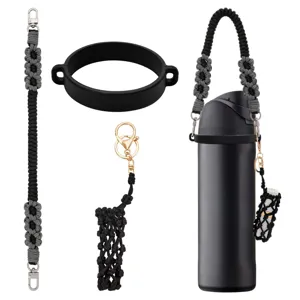 Handmade woven water bottle strap with silicone ring and lipstick pouch accessories.