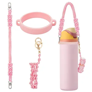 Handmade woven water bottle strap set with pink silicone ring and cute lip balm pouch for cups.