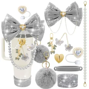 Set accessori fiocco grigio catena perle pon pon ciondolo borraccia silicone copertura