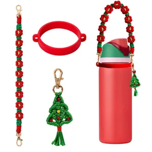 Handmade woven water bottle strap with Christmas tree charm and silicone ring set for tumblers.