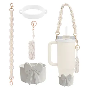Handmade Woven Tumbler Strap Set with Bow Boot and Silicone Ring for Stanley Cup Accessories Cream New Design