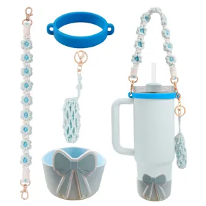 Handmade braided cup strap set with bow silicone boot and pouch for Stanley tumbler accessories.