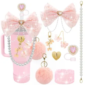 Set accessori per tazza Stanley rosa con grazioso fiocco catena di perle e fondo