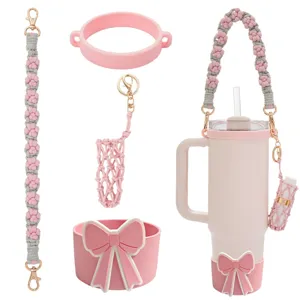 Handmade braided tumbler strap set with silicone bow boot and lipstick pouch for 40oz cups