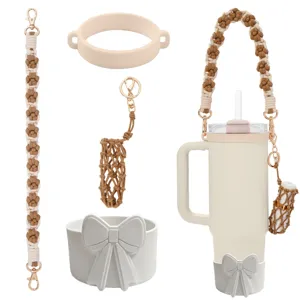Handmade woven water cup strap silicone boot and bowknot decoration for Stanley cup accessories